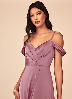 Azazie Ocean Bridesmaid Dresses Vintage Mauve A-Line V-Neck Pleated Stretch Satin Dress image4