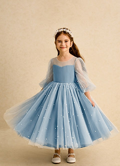 Azazie Trudy Flower Girl Dresses Steel Blue Ball-Gown Sweetheart Neckline Tulle Dress image5