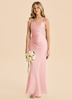 Azazie Agustina Junior Powder Pink Sheath Pleated Stretch Satin Dress image4