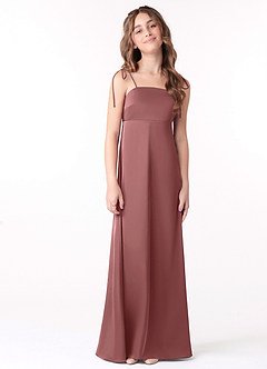 Azazie Violeta Junior Agave A-Line Bow Stretch Satin Dress image1