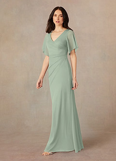 Azazie Selah Final Sale Dusty Sage A-Line V-Neck ruched Mesh Dress image2