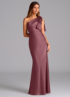 Azazie Yuanna Vestidos de damas de honor Vestido Rosa Del Desierto de Satén Elástico de Corte Sirena con Un hombro image5