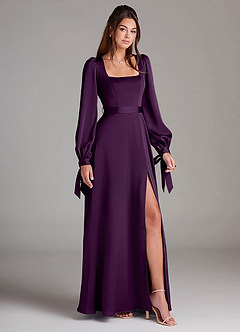 Azazie Leonia Brautjungfernkleider A-Linie Langarm Stretch-Satin Kleid Traube image3