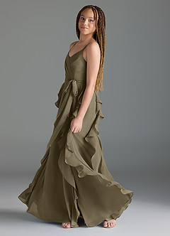 Azazie Peyton Junior Willow Green A-Line V-Neck Cascading Ruffles Chiffon Dress image4
