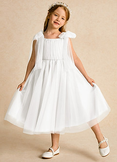 Azazie Dori Flower Girl Dresses Ivory A-Line Ruched Tulle Dress image4
