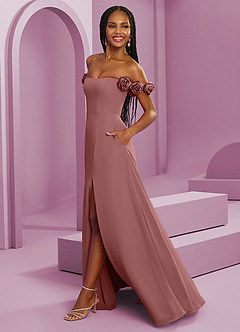 Barbie ♥ Azazie Suknie dla druhen Rozkloszowana szyfonowa sukienka z odkrytymi ramionami i kwiatowymi rozetkami image6