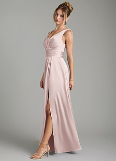 Azazie Karina Robes de demoiselle d'honneur Robe Trapèze en Satin extensible Plissée Rose Pâle image3