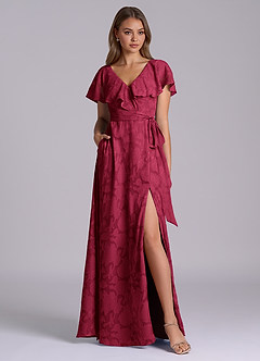 Azazie Lainey Bridesmaid Dresses Burgundy A-Line with Pockets Floral Burnout Dress image3