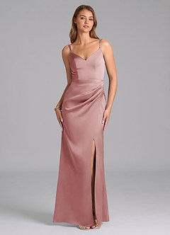 Azazie Leo Final Sale Dusty Rose Sheath Pleated Stretch Satin Dress image1