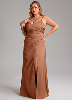 Azazie Azuree Bridesmaid Dresses Bronzer A-Line Pleated Stretch Satin Dress image9