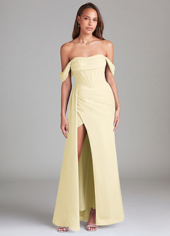 Azazie Amyra Bridesmaid Dresses Lemon Sorbet Sheath Off the Shoulder Chiffon Convertible Dress image1
