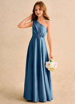 Azazie Puddles Junior Formal Sukienki dla dziewczynek sypiących kwiaty Linia A Jedno ramię Matowy satynowy Długość podłogi Sukienka image6