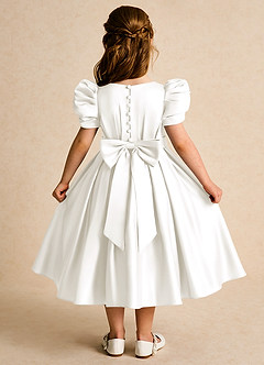 Azazie Miriam Flower Girl Dresses Ivory Ball-Gown Pleated Matte Satin Dress image1
