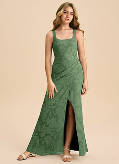 Azazie Mero Junior Eucalyptus Sheath Pleated Floral Burnout Dress image4