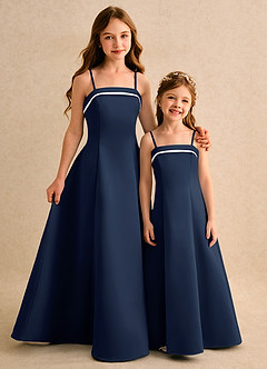 Azazie Izel Girls Formal Flower Girl Dresses Ivory Dark Navy A-Line Pleated Matte Satin Dress image2