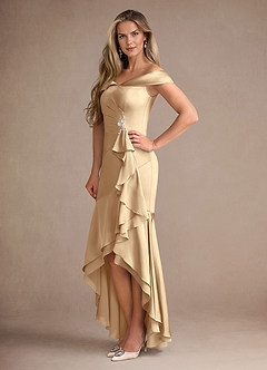 Azazie Billings Moeder van de bruid jurken Zeemeermin Jurk van Stretch Satijn Off-shoulder Champagne image2