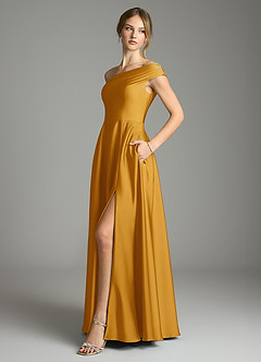 Azazie Melanie 신부 들러리 드레스 A라인 오프 더 숄더 스트레치 새틴 바닥 길이 드레스 image4