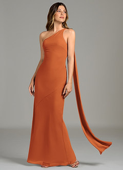 Azazie Juniper Jurken voor bruidsmeisjes Jurk van Chiffon met Zeemeermin One-shoulder Kaneel image3