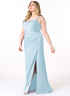 Azazie Marzia Bridesmaid Dresses Sky Blue Sheath Cowl Pleated Stretch Satin Dress image18