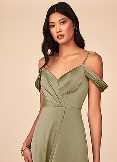 Azazie Ocean Bridesmaid Dresses Moss Green A-Line V-Neck Pleated Stretch Satin Dress image4