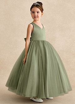 Azazie Peanut Flower Girl Dresses Pistachio A-Line Strap Tulle Dress image2