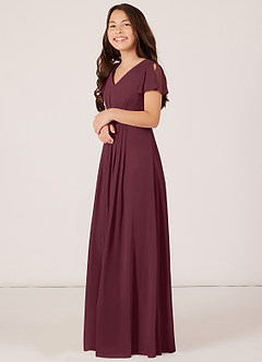Azazie Peony Junior Cabernet A-Line Pleated Chiffon Dress image3