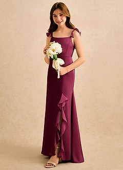 Azazie Novalie Girls Formal Flower Girl Dresses Burgundy Mermaid Bow Stretch Satin Dress image2