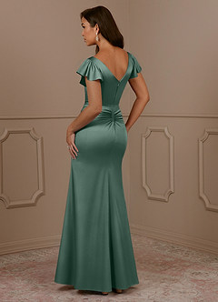 Azazie Roya Mother of the Bride Dresses Eucalyptus Mermaid V-Neck Pleated Stretch Satin Dress image3