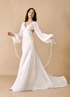 Azazie Alizea Wedding Dresses Diamond White A-Line Lace Chiffon Dress image4