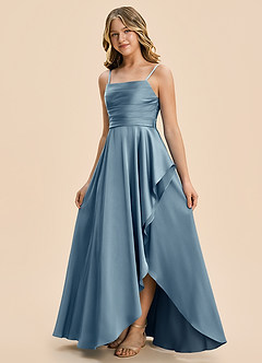 Azazie Naveah Junior Dusty Blue A-Line Ruched Stretch Satin Dress image5
