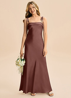 Azazie Willa Junior Vestido de Expresado de Satén Elástico de Corte en A con Lazo image4