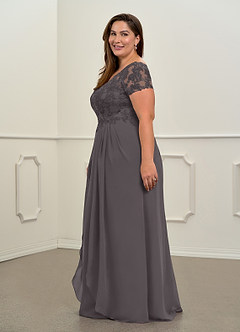 Azazie Dunja vestidos de madre de la novia Vestido de Gris Acero de Gasa de Corte En A con Encaje cuello pico image11