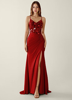Kaida Red V-neck Sequins Corset Mermaid Prom Dress image1