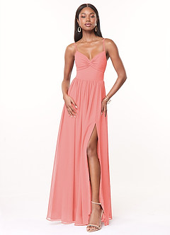 Azazie Zeya Bridesmaid Dresses Coral A-Line V-Neck Pleated Chiffon Dress image1