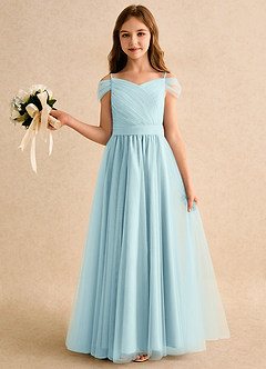 Azazie Yuna Girls Formal Abiti da Ragazza di Fiori Abito A-Line in Tulle Spalle Scoperte Sea Glass image3