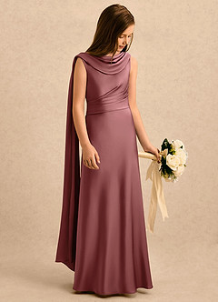 Azazie Sanah Girls Formal Robe Demoiselle D'honneur Fillette Robe Trapèze en Satin extensible Plissée Améthyste image1