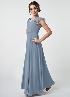 Azazie Claudine Junior Robe Trapèze en Mousseline de soie Plissée Bleu Poussiéreux image3