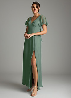 Azazie Kimber Vestidos de damas de honor Vestido de Eucalipto de Gasa de Corte en A con Manga volante image5