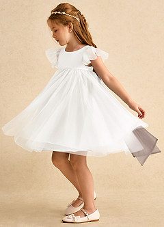 Azazie Munchkin Flower Girl Dresses Ivory Taupe A-Line Bow Tulle Dress image5