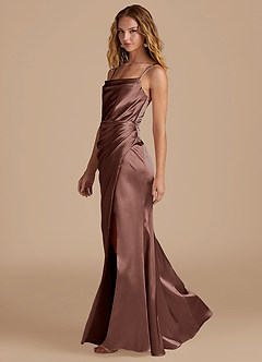 Azazie Marzia Bridesmaid Dresses Espresso Mermaid Pleated Metallic Satin Dress image2