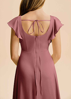 Azazie Bondi Junior Vestido Ametista de Cetim elástico de Linha A com Fenda Lateral image6