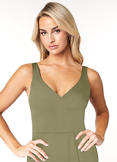 Azazie Jess Final Sale Dusty Blue Sheath V-Neck Stretch Satin Dress image6