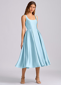 Azazie Amalie 신부 들러리 드레스 A라인 주름진 스트레치 새틴 티 길이 드레스 image1