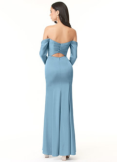 Azazie Hallie Vestidos de damas de honor Vestido de Azul Acero de Satén Elástico de Corte Recto Convertible con Manga larga con hombros descubiertos image4