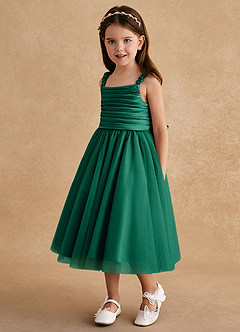 Azazie Gabbie Flower Girl Dresses Emerald A-Line Pleated Matte Satin Dress image5