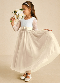 Azazie Mae Flower Girl Dresses Ivory Champagne A-Line Bow Tulle Dress image3