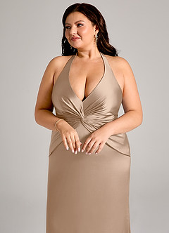 Azazie Valerie Bridesmaid Dresses Taupe Mermaid Pleated Stretch Satin Dress image7