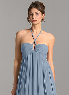 Azazie Addison At-home Try On Dresses Dusty Blue Empire Sweetheart Neckline Chiffon Dress image6