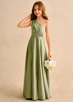 Azazie Puddles Girls Formal Flower Girl Dresses Moss Green A-Line One Shoulder Matte Satin Dress image6