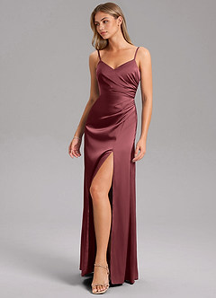 Azazie Azuree Bridesmaid Dresses Merlot A-Line Pleated Stretch Satin Dress image5